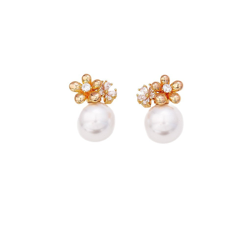 Flower Inlaid Zirconium Pearl Stud Earrings Fashion Exquisite And Versatile