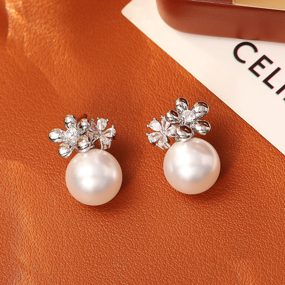 Flower Inlaid Zirconium Pearl Stud Earrings Fashion Exquisite And Versatile