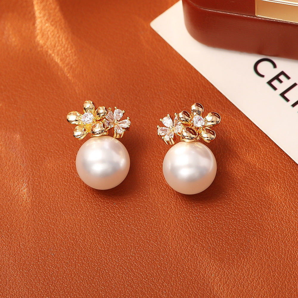 Flower Inlaid Zirconium Pearl Stud Earrings Fashion Exquisite And Versatile