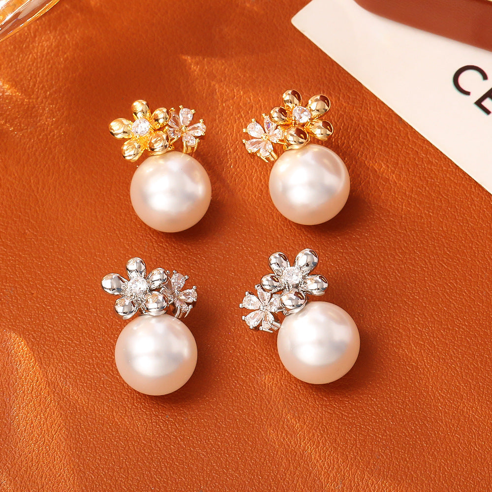 Flower Inlaid Zirconium Pearl Stud Earrings Fashion Exquisite And Versatile
