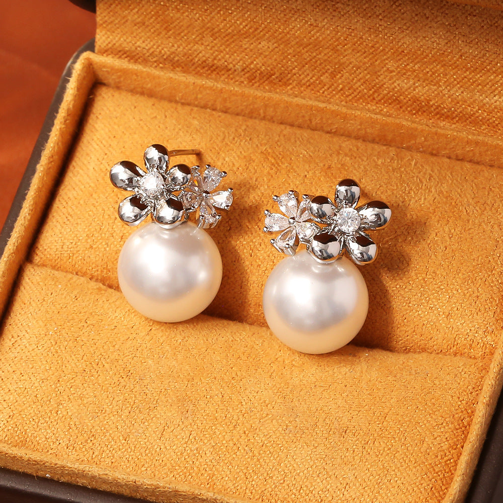 Flower Inlaid Zirconium Pearl Stud Earrings Fashion Exquisite And Versatile