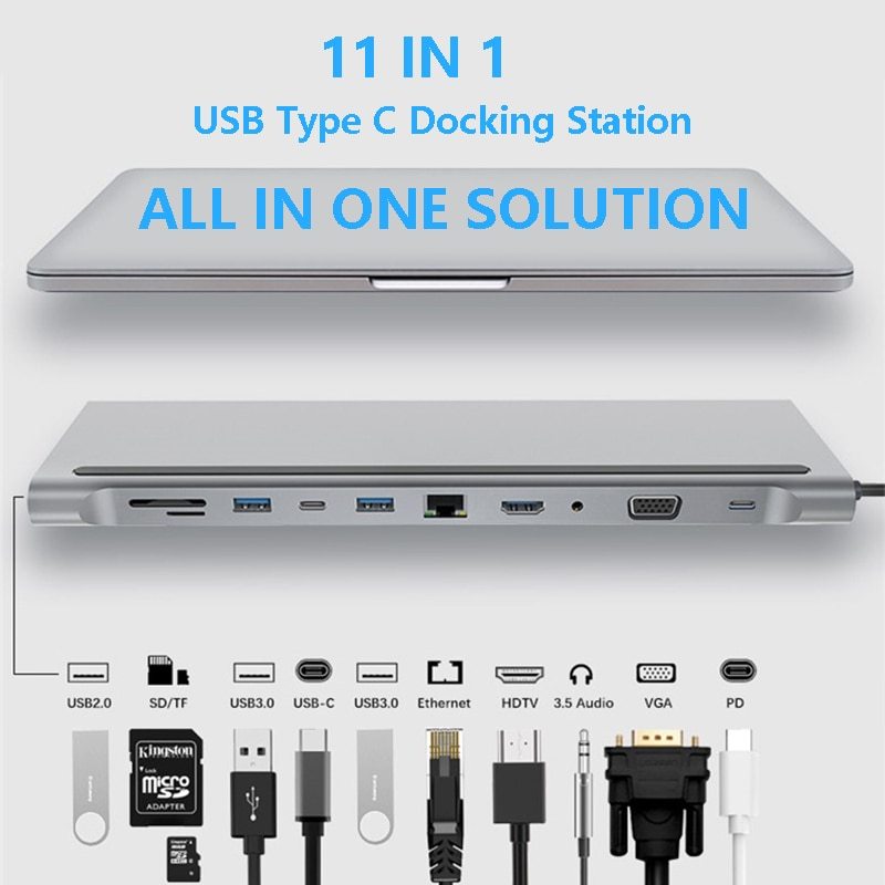 11-in-1 Laptop Docking Station Hub – Multi-Port USB-C Expansion Dock for Laptop, MacBook, PC