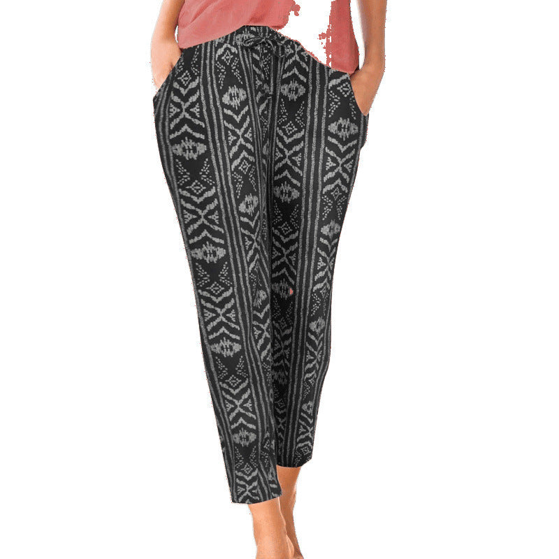 Women's Elastic Waist Printed Pocket Lace-up Leggings