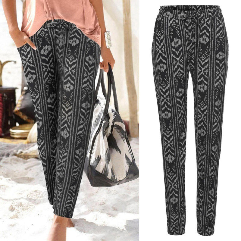 Women's Elastic Waist Printed Pocket Lace-up Leggings