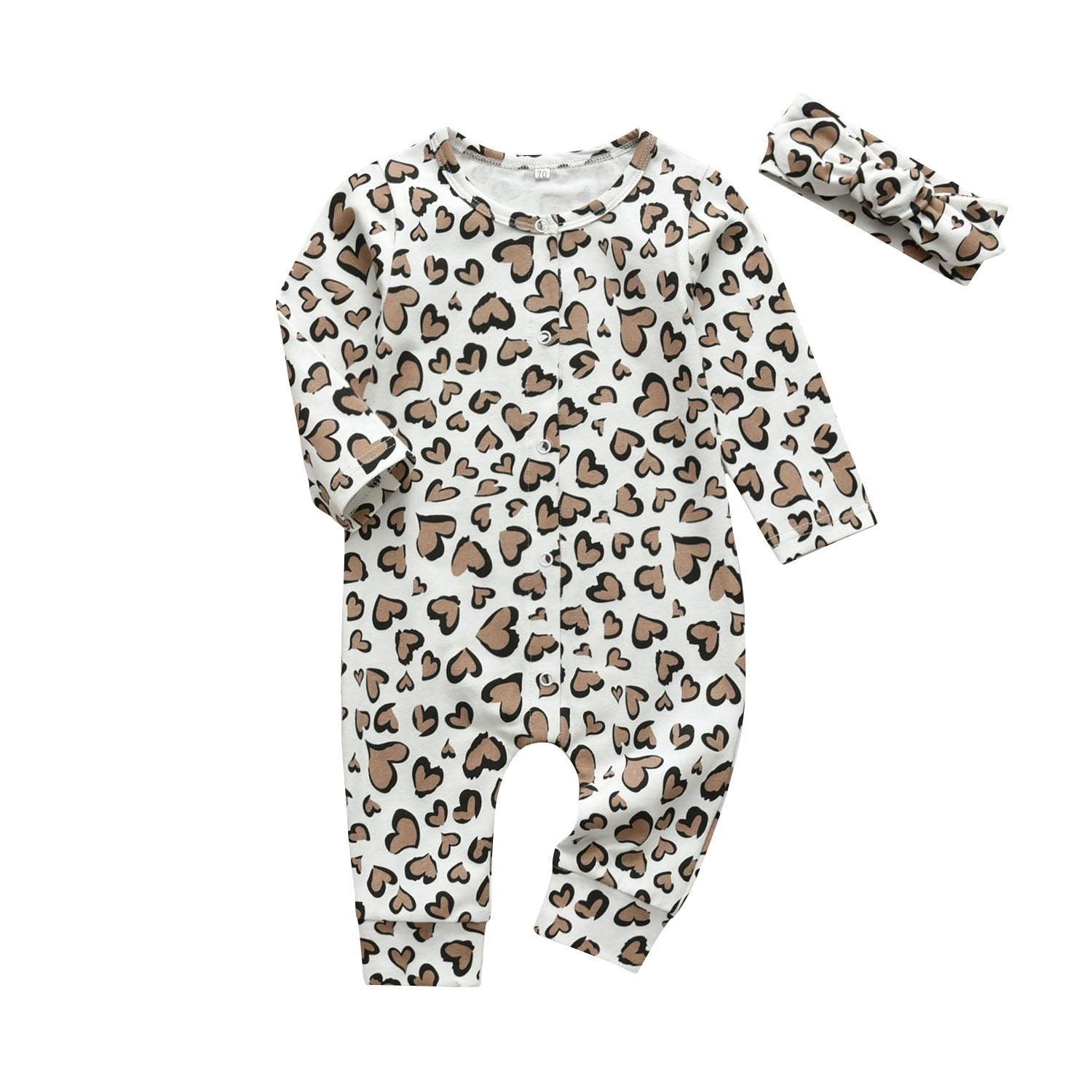 Newborn Clothes Baby Girls Romper Hearts Print Cotton Long Sleeve Jumpsuit and Headband Set