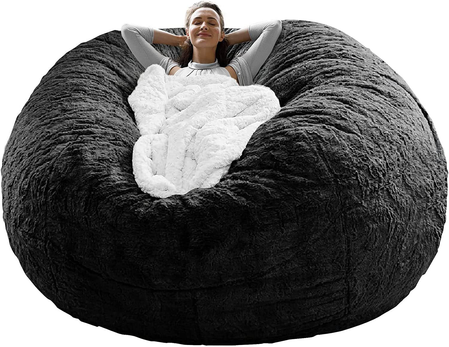 Bag Chair Cover - Big Round Soft Fluffy PV Velvet Sofa Bed Cover for Living Room | 5ft Black Lazy Sofa Bed Cushion Cover
